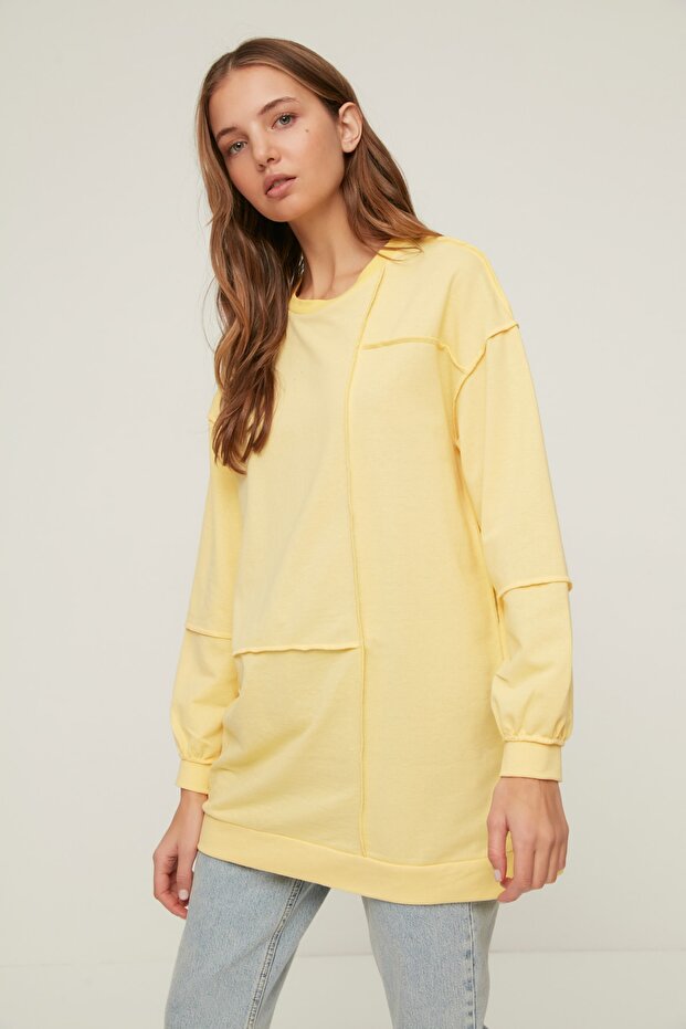 Oversize Yellow Knitted Sweatshirt - Ribbed Detailed TCTSS22TW0002