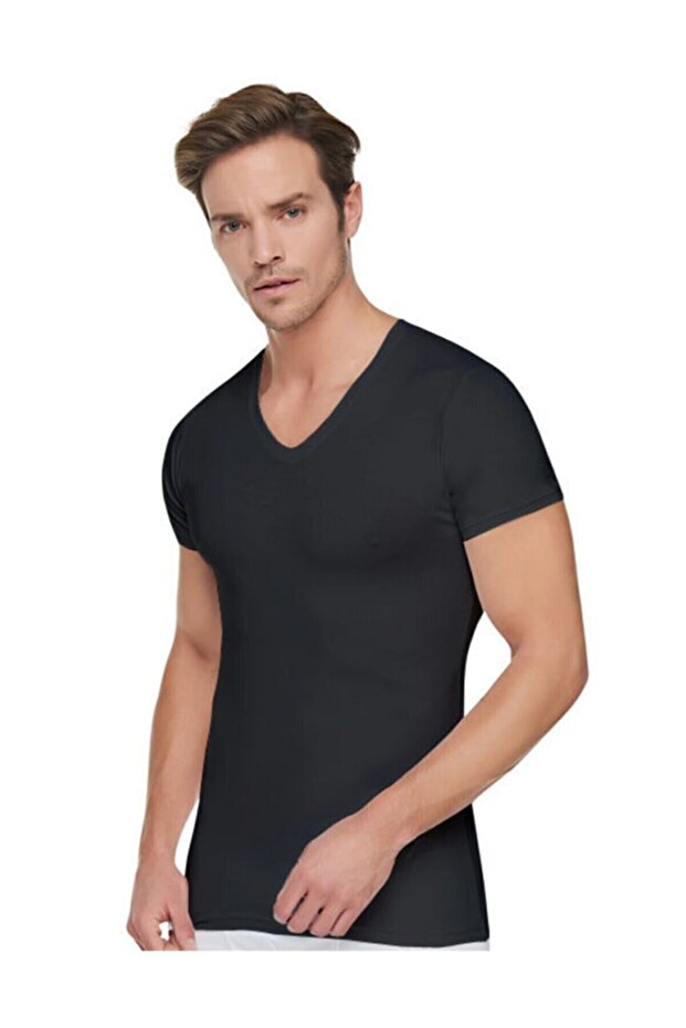 قميص داخلي نصف كم برقبة على شكل حرف V عبوة من قطعتين - 1