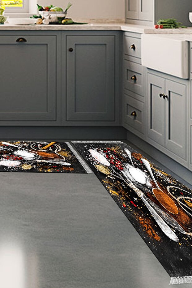 Eco Trend Djt 2-Piece Washable Non-Slip Base Kitchen Carpet Set Mu159 Kitchen Black