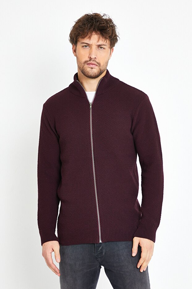 Monaco Burgundy Zippered Knitwear Sweater Cardigan