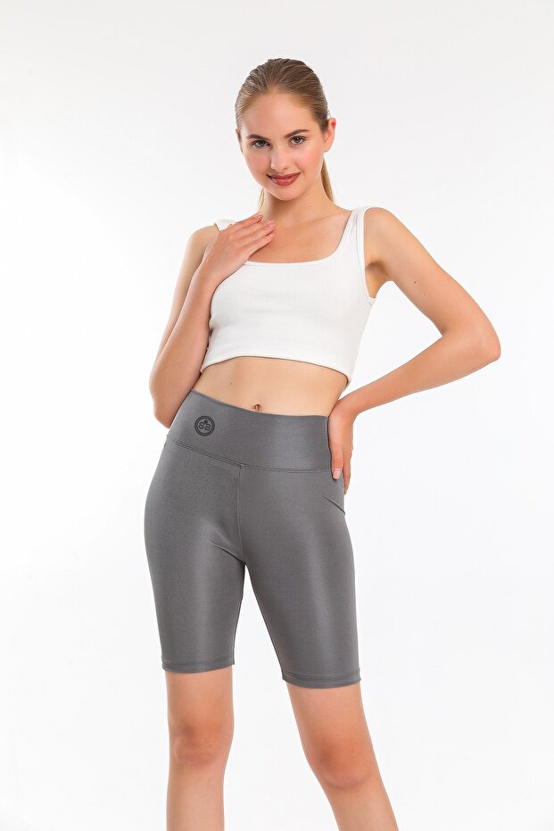 Bayan Spor Gri Şort Tayt - 1