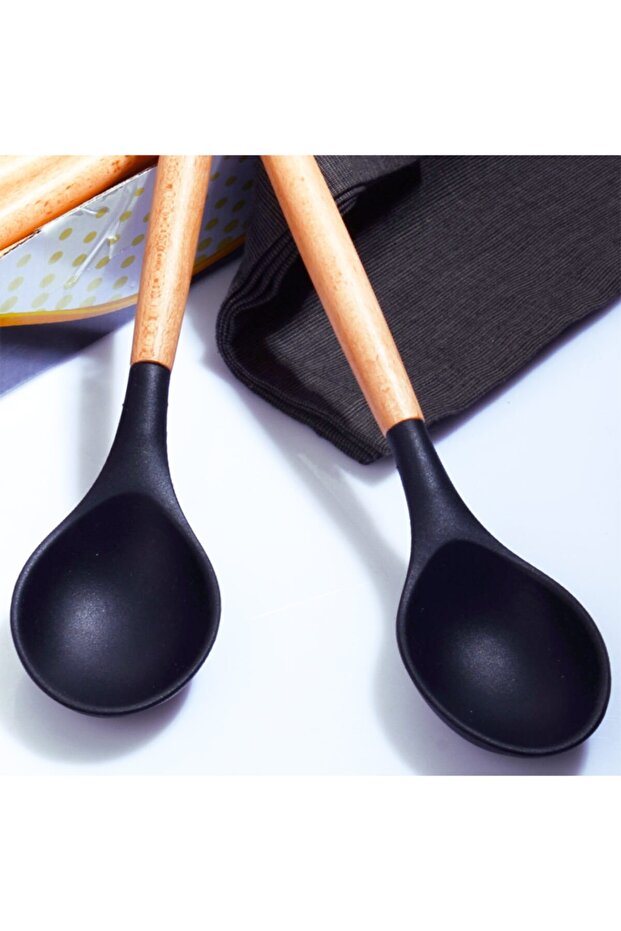 Bambu Saplı Silikon Servis Kaşığı - Siyah - 1