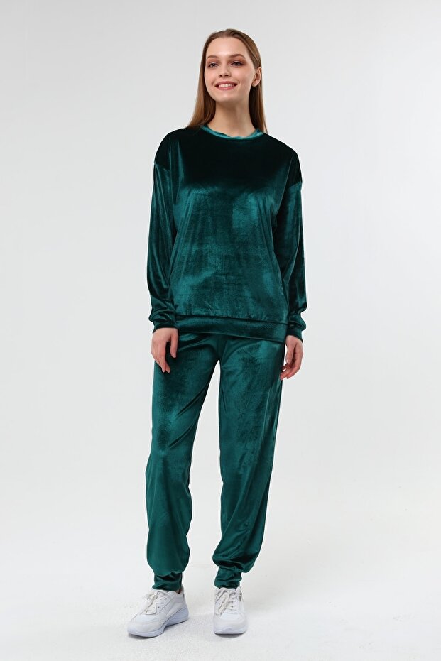 Emerald Leg Elastic Women's Velvet Crew Neck Suit