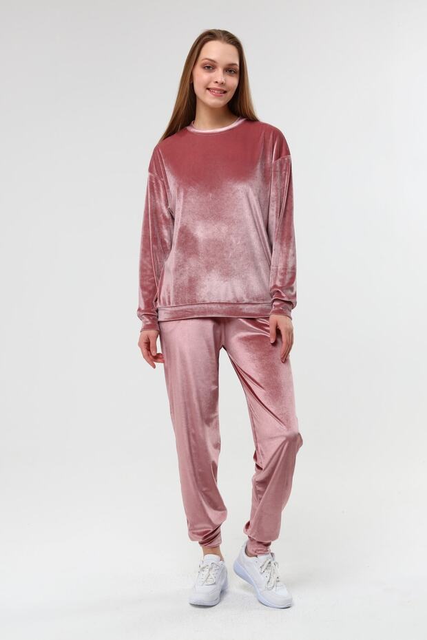 Pink Women's Elastic Waist Velvet Crew Neck Suit
