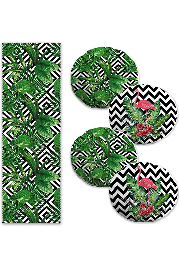 Set of 4 Round Cushion Covers and 1 Runner with 3D Leaf and Flamingo Design