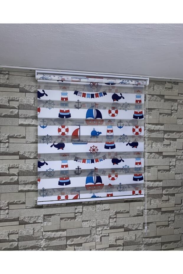Mavi Renk Deniz Feneri Baskılı Zebra Perde (ETEK KISMI DÜZ) - 3
