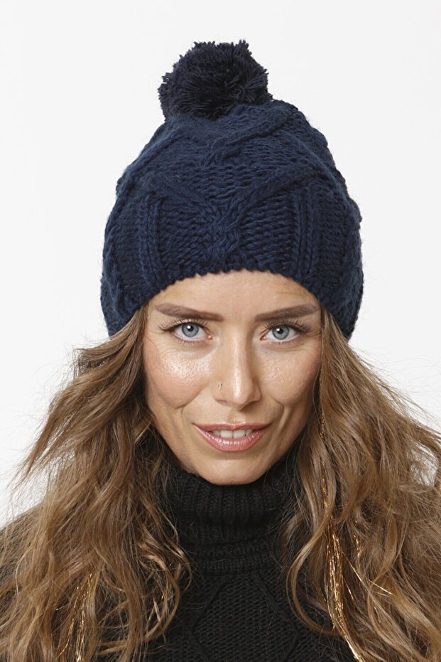 51u Pompom Knitwear Knitted Beanie - Navy Blue