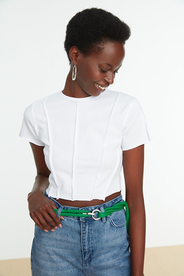 White 100% Cotton Rib Detailed Fitted Crew Neck Knitted Blouse TWOSS21BZ2050
