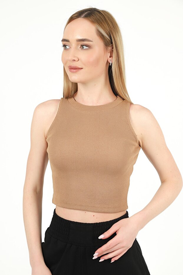 Women's Biscuit Halter Neck Ribbed Crop Blouse