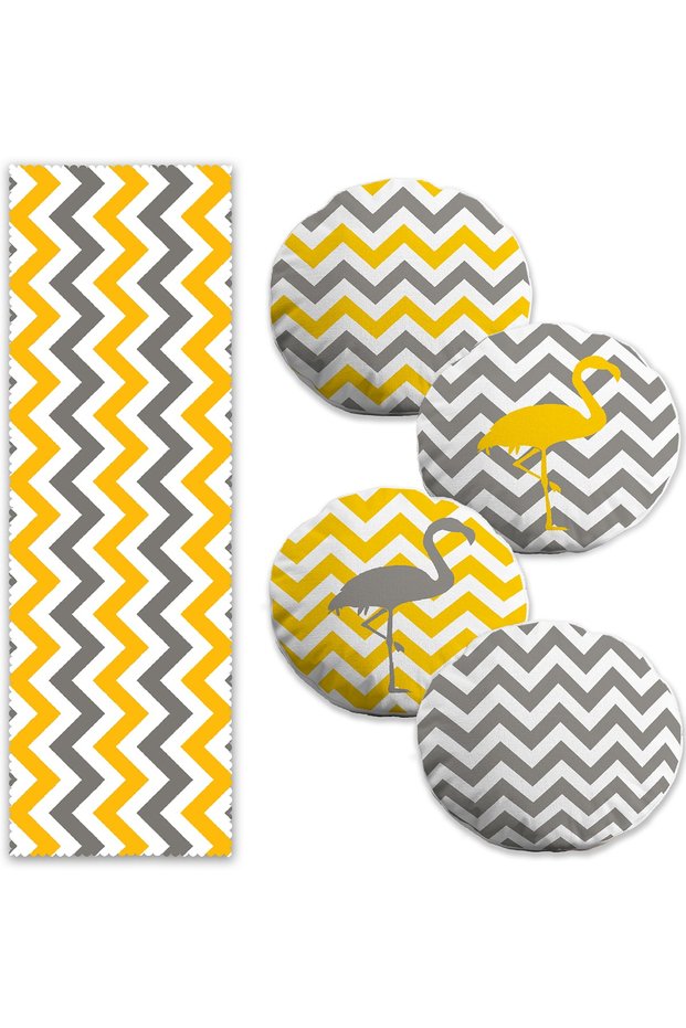 Yellow & Gray Zigzag and Flamingo Motif Set of 4 Round Cushion Covers and 1 Runner