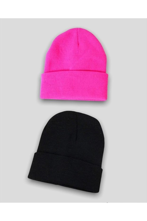 Unisex Basic Beanie Set Black & Neon Pink Double Beanie Set