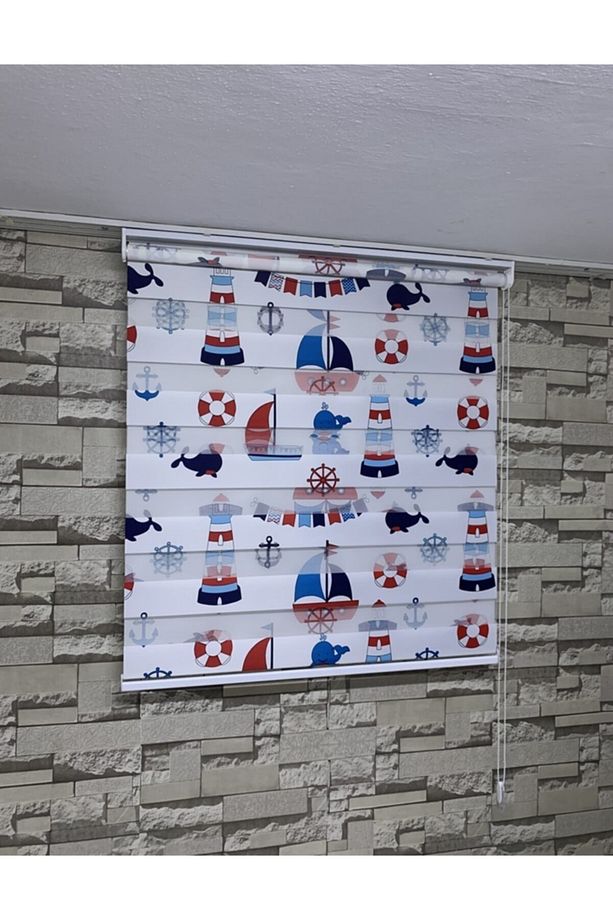 Mavi Renk Deniz Feneri Baskılı Zebra Perde (ETEK KISMI DÜZ) - 2