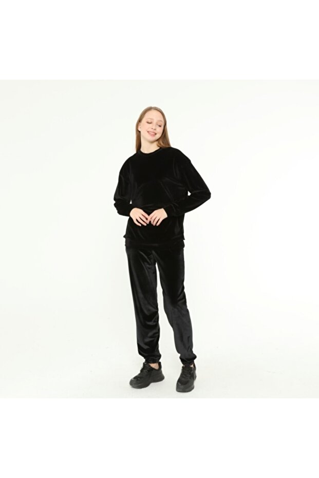 Black Leg Elastic Women's Velvet Crew Neck Suit