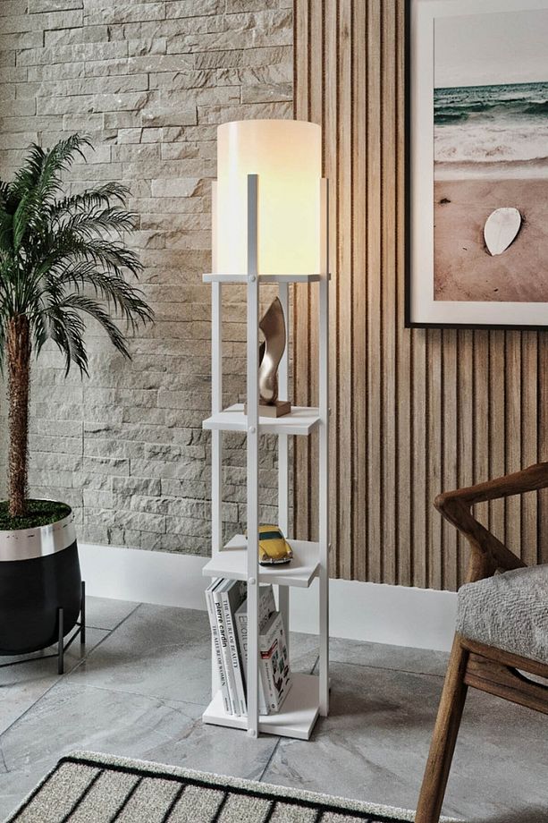 Else Beyaz Dekoratif Modern Ahşap Mdf 3 Raflı Çerçeveli Lambader - 1
