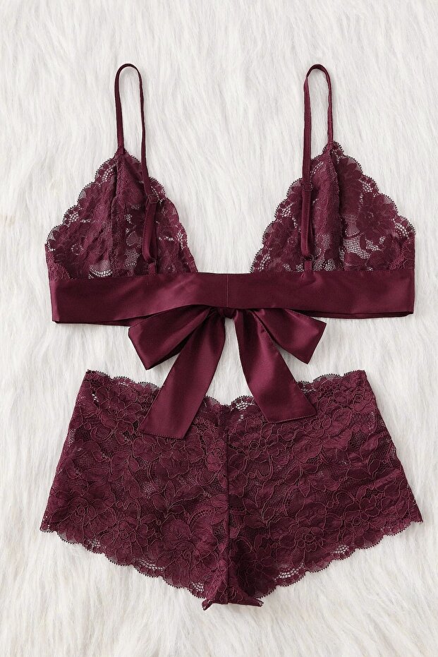Kadın Bordo Dantelli & Kurdelalı Sütyen Külot Takımı - 2