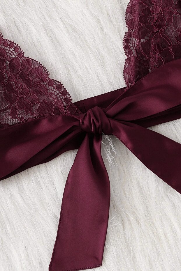 Kadın Bordo Dantelli & Kurdelalı Sütyen Külot Takımı - 4