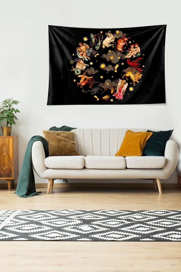 Astrolojik Semboller Desenli Leke Tutmaz Kadife Dokulu Kumaş Duvar Örtüsü Duvar Halısı Tapestry - 5