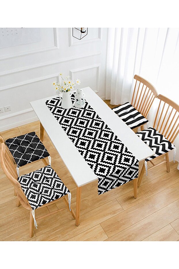 Black and White Geometric Drawings Designed Set of 4 Pouf Chair Cushions and 1 Runner