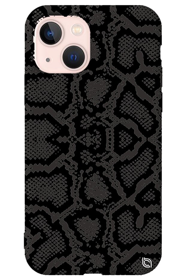 iPhone 13 Black Color Snake Skin Silicone Phone Case with Velvet Pattern Inside