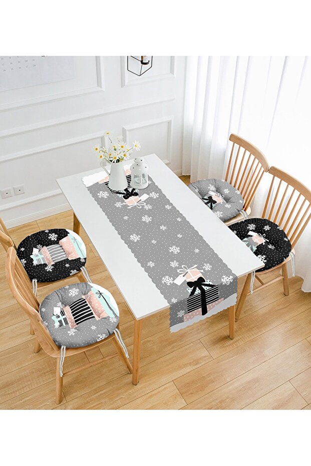 Gray & Black Christmas Gift Packs Special Design 4 Round Pouf Chair Cushions 1 Runner Set