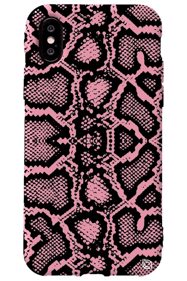 iPhone XS Pink Colored Snakeskin Silicone Phone Case with Velvet Pattern Inside