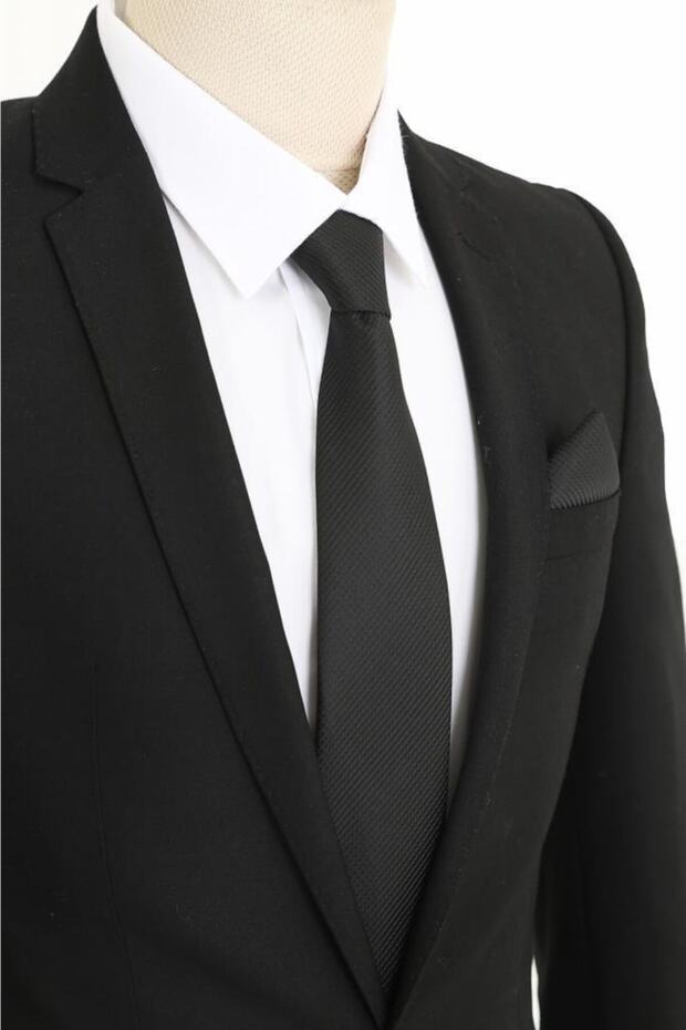 Siyah Çizgili Kravat Mendil Set - 1