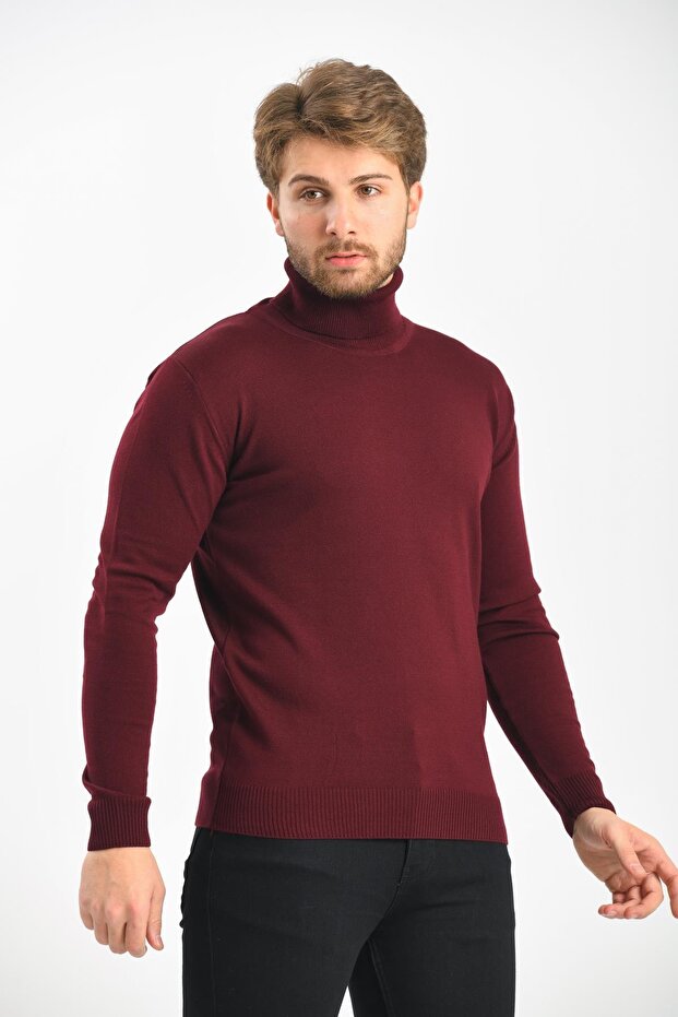 Regular Men's Knitwear Burgundy Sweater Full Turtleneck Winter