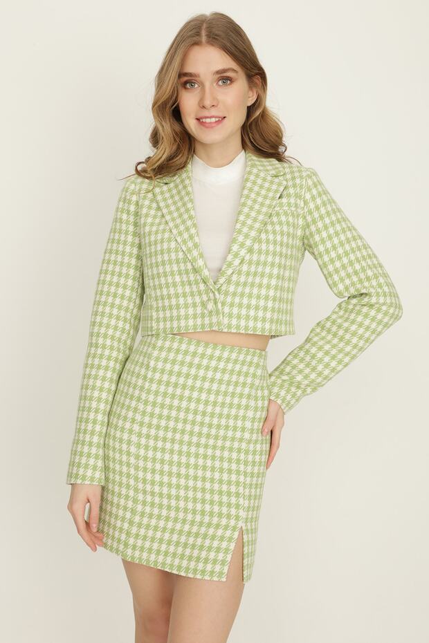 Women's Green Houndstooth Pattern Crop Jacket - 2
