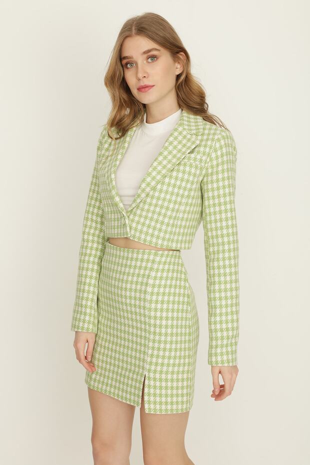 Women's Green Houndstooth Pattern Crop Jacket - 3