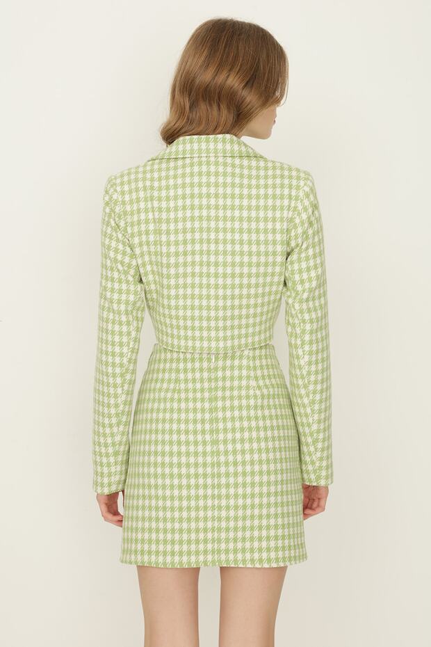 Women's Green Houndstooth Pattern Crop Jacket - 4