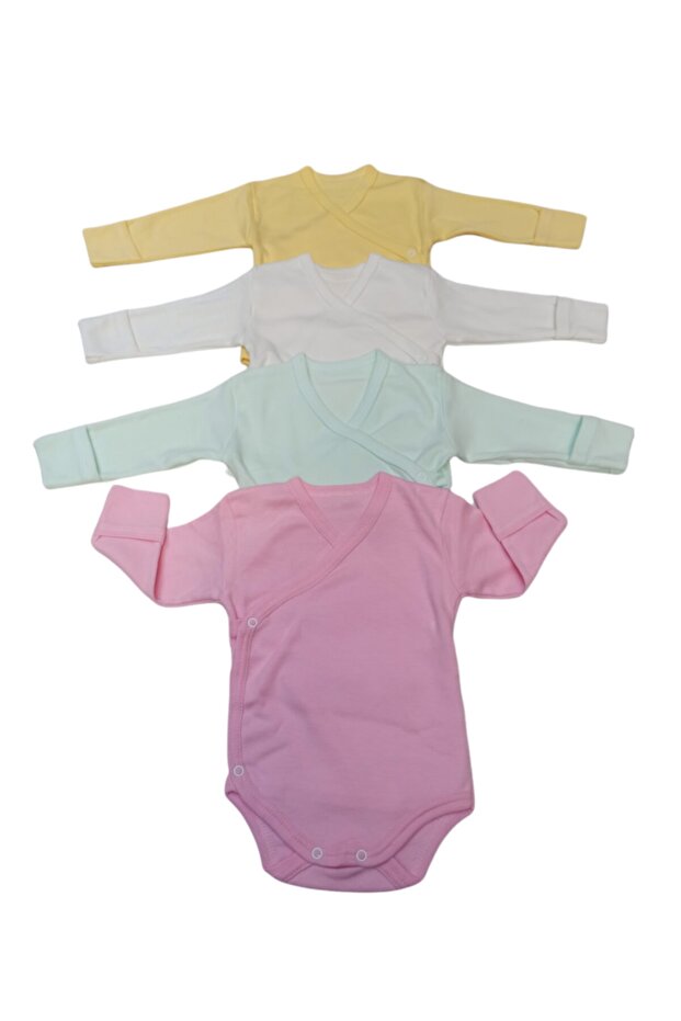Double Breasted Long Sleeve Self Gloved Snap Fasten Baby Bodysuit Solid Color Bodysuit (Pack of 4)