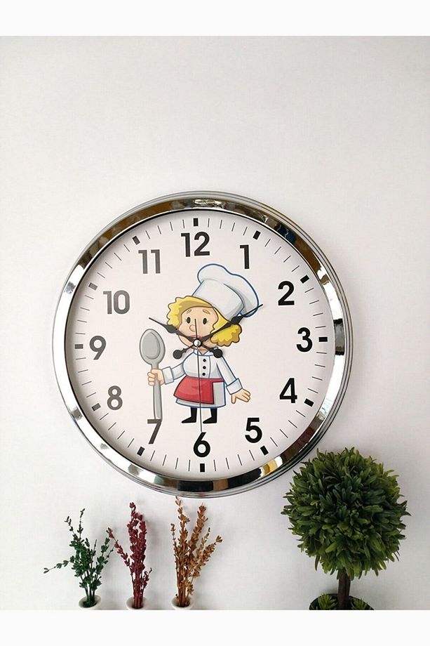 Hediyelik Dekoratif 40 Cm Metal Krom Aşçı Mutfak Duvar Saati - 4