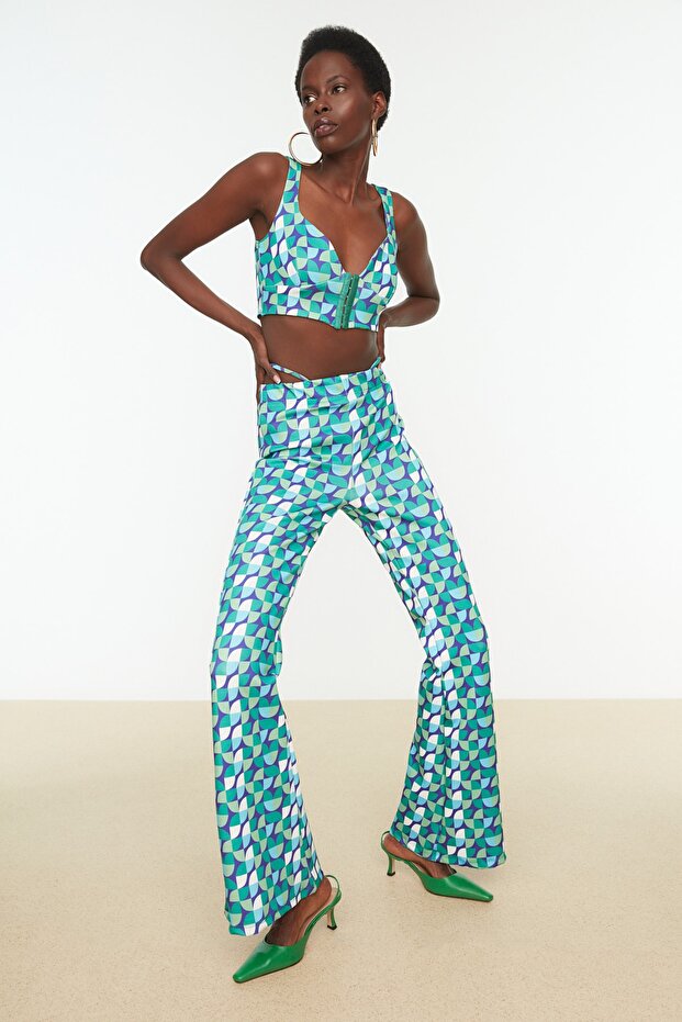 Yeşil Geometrik Desenli Örme Pantolon TPRSS22PL0052 - 2
