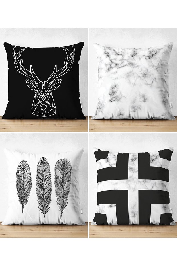 Double Sided Black and White Colored 4-Piece Concept Suede Pillow Throw Pillow Cover Set
