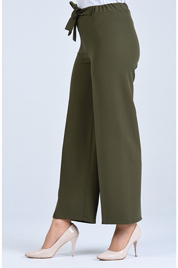Women's Khaki Green Elastic Waist Tied Wide Leg Pants