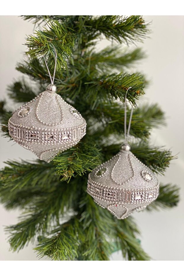 New Year New Year Special Luxury Authentic Embroidered Motif Glittered Stone Large Pine Tree Ornament 2 Pieces Silver Gray