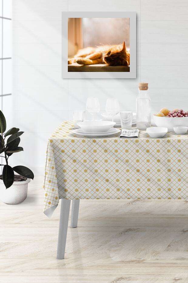White Designed Digital Printed Tablecloth - 1