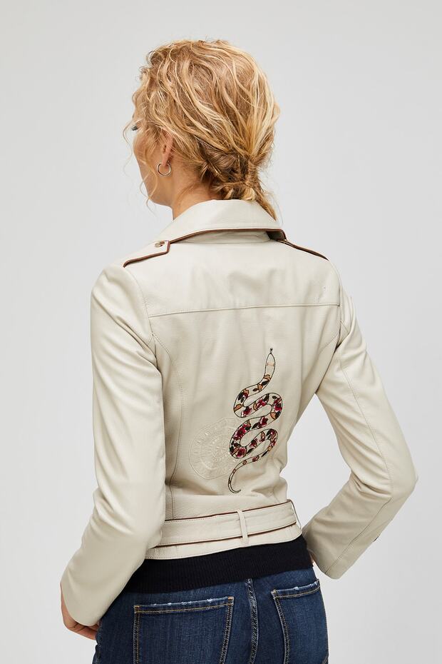 Kadın Bej Viper Deri Ceket - 2