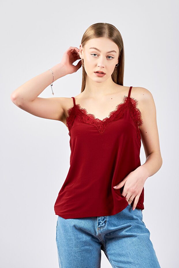Women's Burgundy Collar Lace Adjustable Rope Strap Blouse