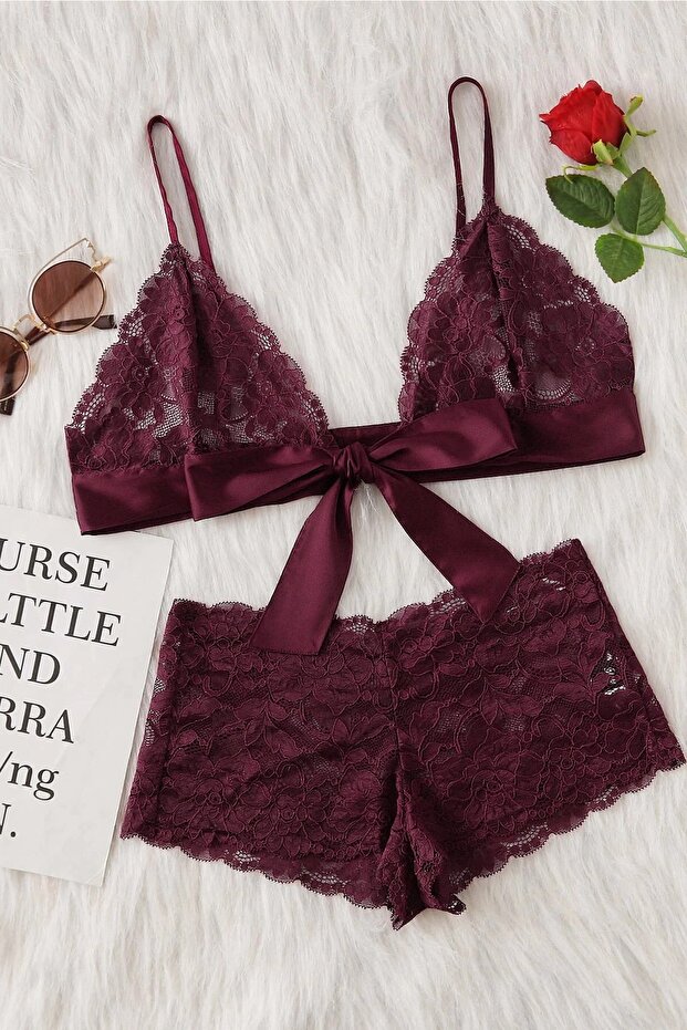 Kadın Bordo Dantelli & Kurdelalı Sütyen Külot Takımı - 1