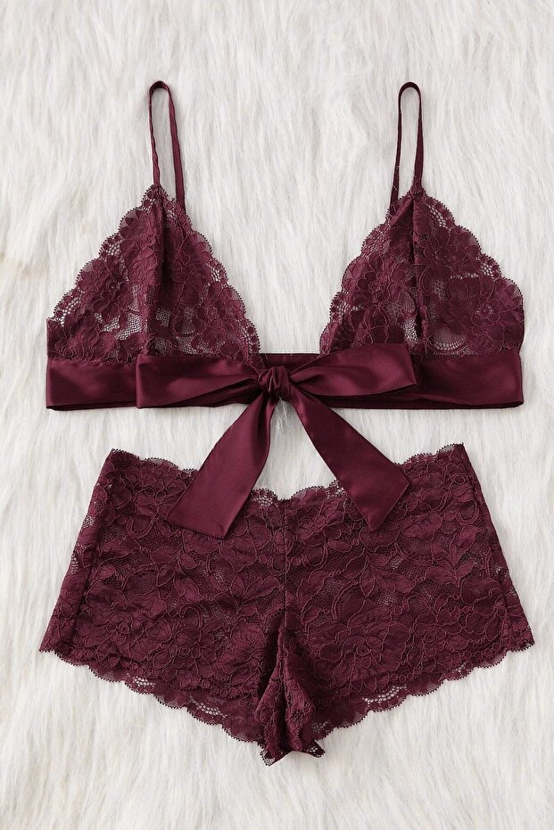 Kadın Bordo Dantelli & Kurdelalı Sütyen Külot Takımı - 3