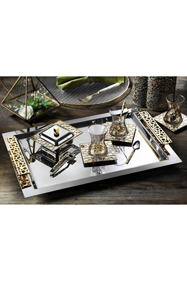 Selçuklu Gold Stainless Steel Tea Set with Cups
