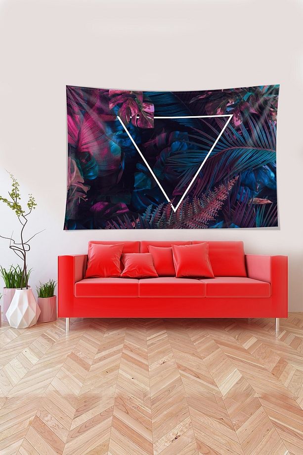 Renkli Tropikal Yaprak Üçgenli Leke Tutmaz Kadife Dokulu Kumaş Duvar Örtüsü Duvar Halısı Tapestry - 1