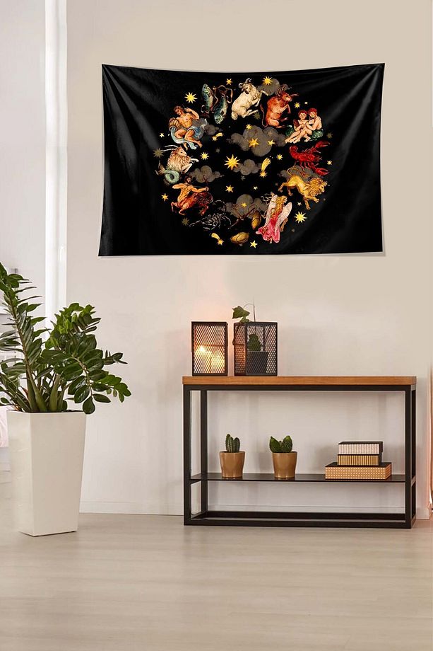 Astrolojik Semboller Desenli Leke Tutmaz Kadife Dokulu Kumaş Duvar Örtüsü Duvar Halısı Tapestry - 4