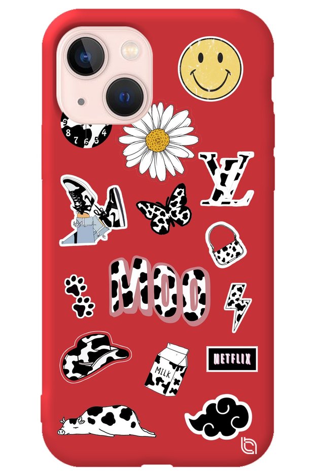 iPhone 13 Red Colored Moo Velvet Patterned Silicone Phone Case