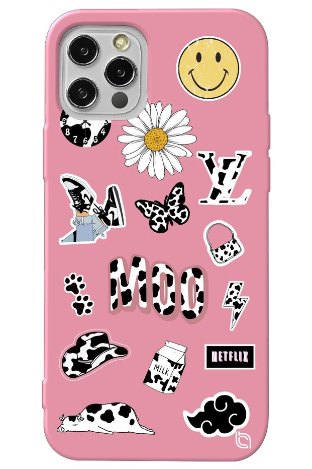 iPhone 13 Pro Pink Colored Moo Velvet Patterned Silicone Phone Case