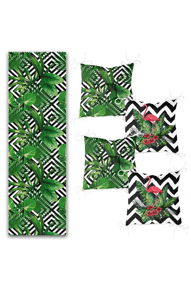 3d Yaprak Ve Flamingo Tasarımlı 4 Pofidik Sandalye Minderi Ve 1 Runner Seti - 2