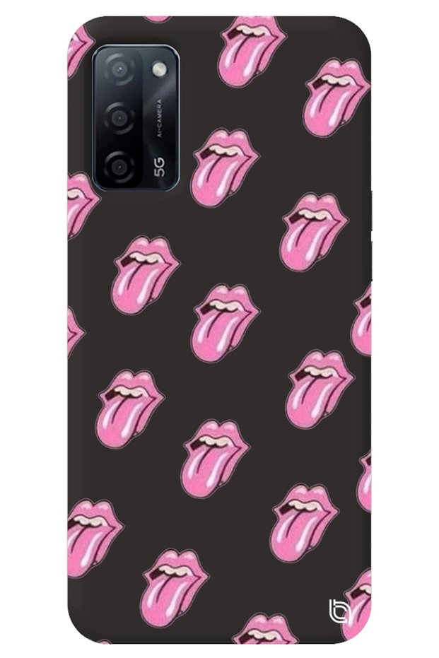 Oppo A52 Black Color Lips Inner Lip Velvet Patterned Silicone Phone Case