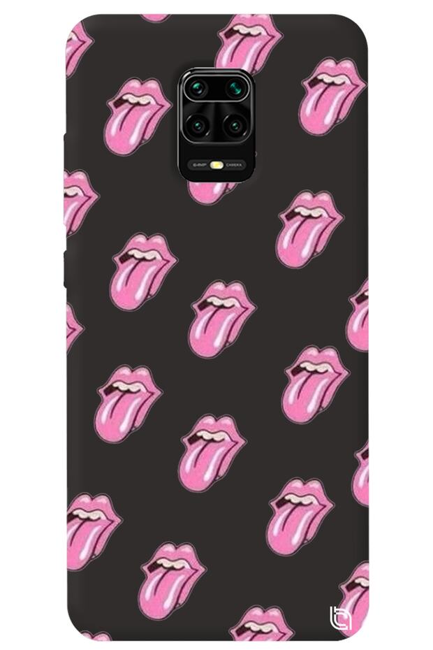 Xiaomi Redmi Note 9S Black Color Lips Inner Velvet Patterned Silicone Phone Case