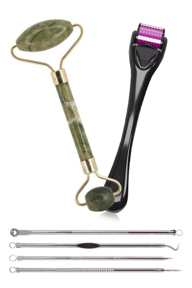 Skin Care Set Dermaroller + Jade + 4-Piece Silver Comedone 3-Piece
